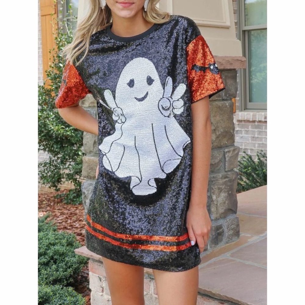 Simply Southern Sequin Ghost Halloween Dress Size M Black Orange